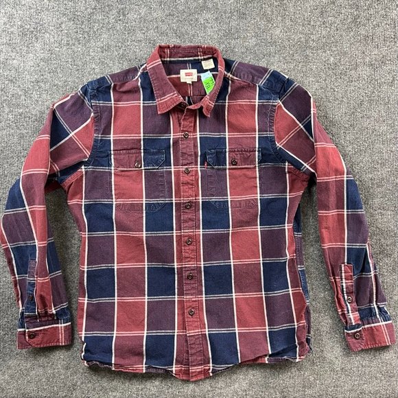 Levis Shirt Adult Large Red Blue Button Up Long Sleeve Pockets Casual Plaid Mens - Picture 1 of 12